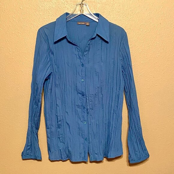 APT. 9 Women's Long Sleeve Button Down Blue Shirt V-Neck Size (1X) - Picture 1 of 7
